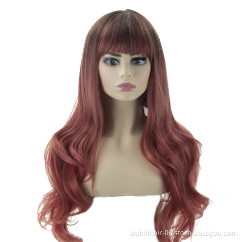 aishili wholesale long wave hair 26inch omber pink color synthetic hair wigs for women